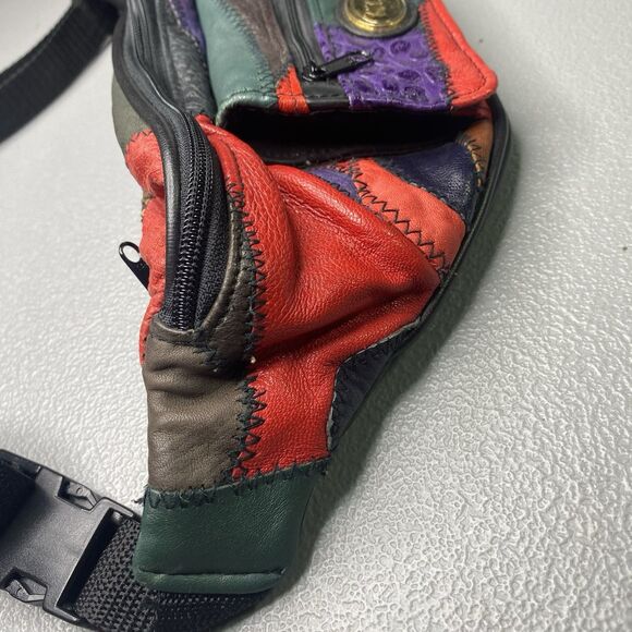 KMQ Vtg 80s Leather Fanny Pack 4 Pockets Patchwork Colorblock Colorful Bright - Picture 12 of 14